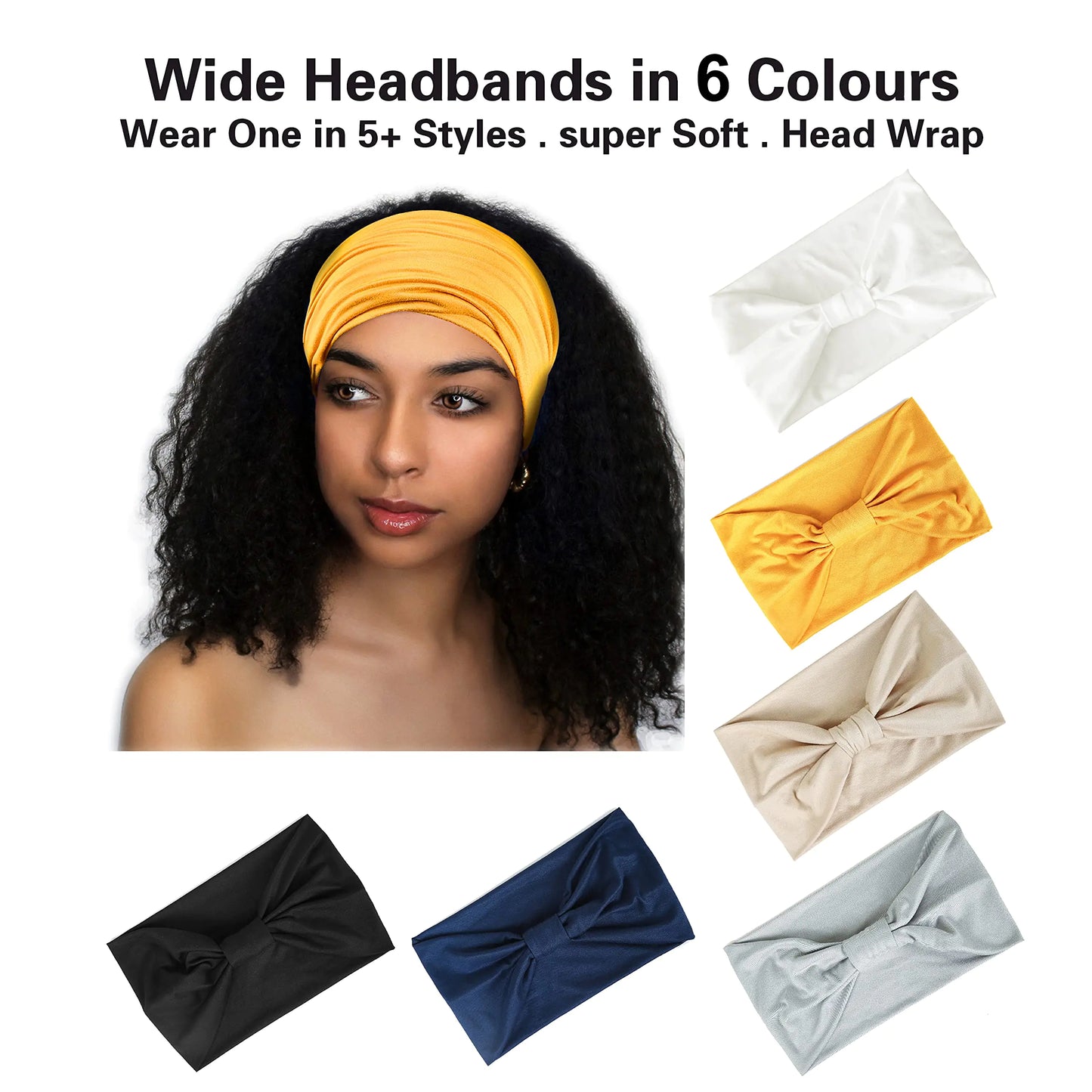 GILI 6 Pack Wide Headbands for Women Non Slip Soft Elastic Hair Bands Yoga Running Sports Workout Gym Head Wraps, Knotted Cotton Cloth African Turbans Bandana (with 6 Pcs Hair Ties) 6 Color (White+Black+Navy+Yellow+Light Grey+Skin)