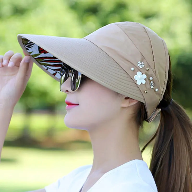 Summer Hats Foldable Sun Hat Pearl Flower Visor