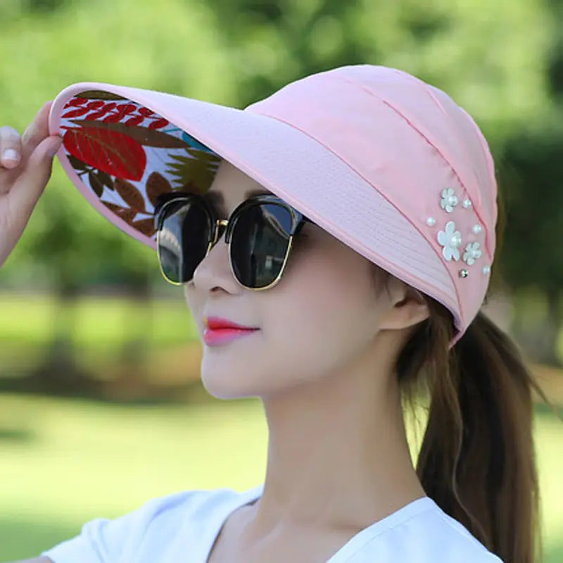 Summer Hats Foldable Sun Hat Pearl Flower Visor