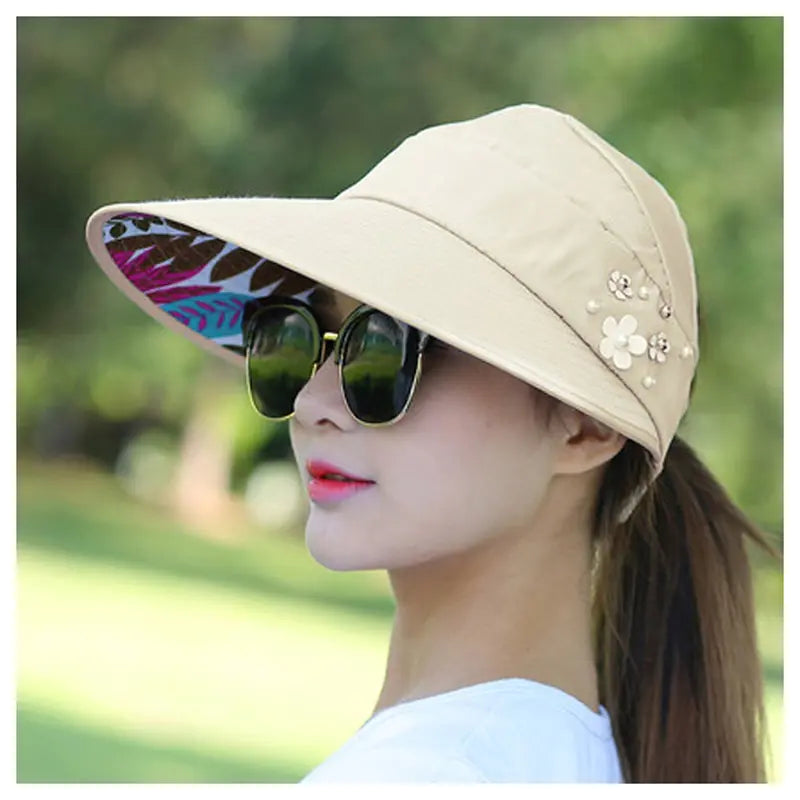 Summer Hats Foldable Sun Hat Pearl Flower Visor