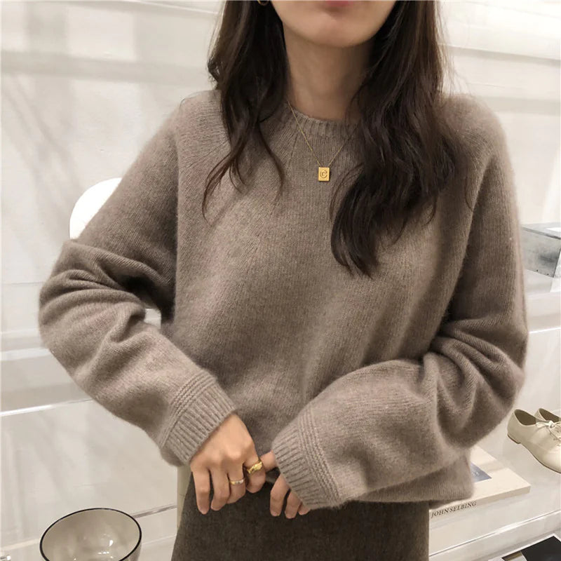 Basic Woolen Loose Round Neck Sweater For Women