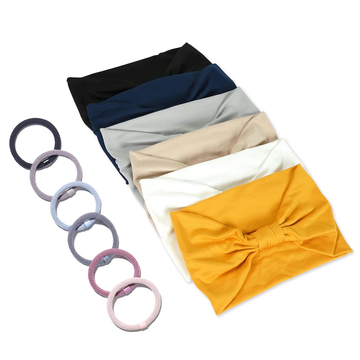 GILI 6 Pack Wide Headbands for Women Non Slip Soft Elastic Hair Bands Yoga Running Sports Workout Gym Head Wraps, Knotted Cotton Cloth African Turbans Bandana (with 6 Pcs Hair Ties) 6 Color (White+Black+Navy+Yellow+Light Grey+Skin)