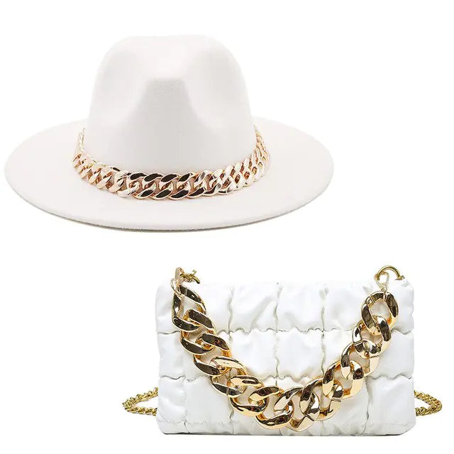 Fedora Hats Women Luxury Accessories Gold Chain