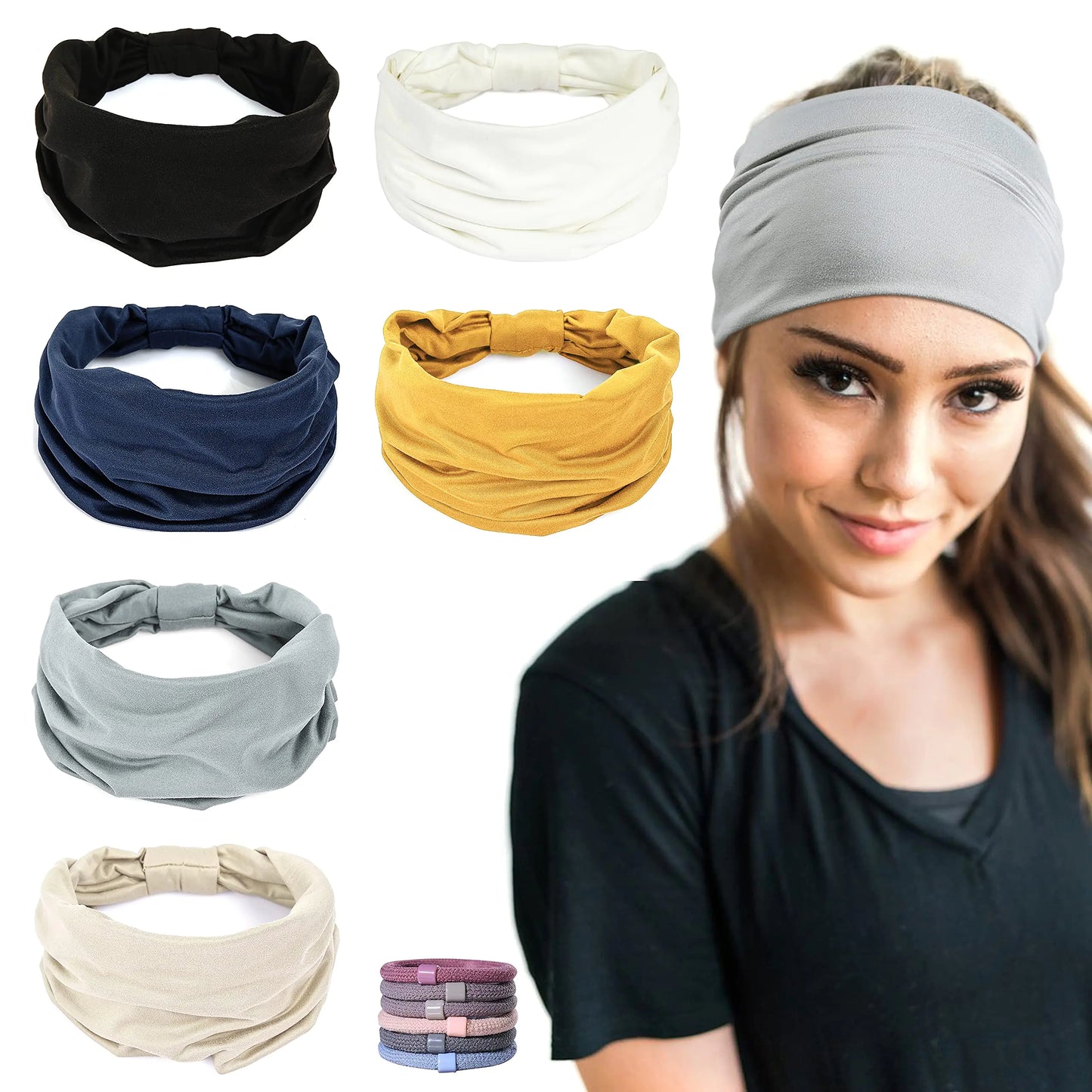 GILI 6 Pack Wide Headbands for Women Non Slip Soft Elastic Hair Bands Yoga Running Sports Workout Gym Head Wraps, Knotted Cotton Cloth African Turbans Bandana (with 6 Pcs Hair Ties) 6 Color (White+Black+Navy+Yellow+Light Grey+Skin)