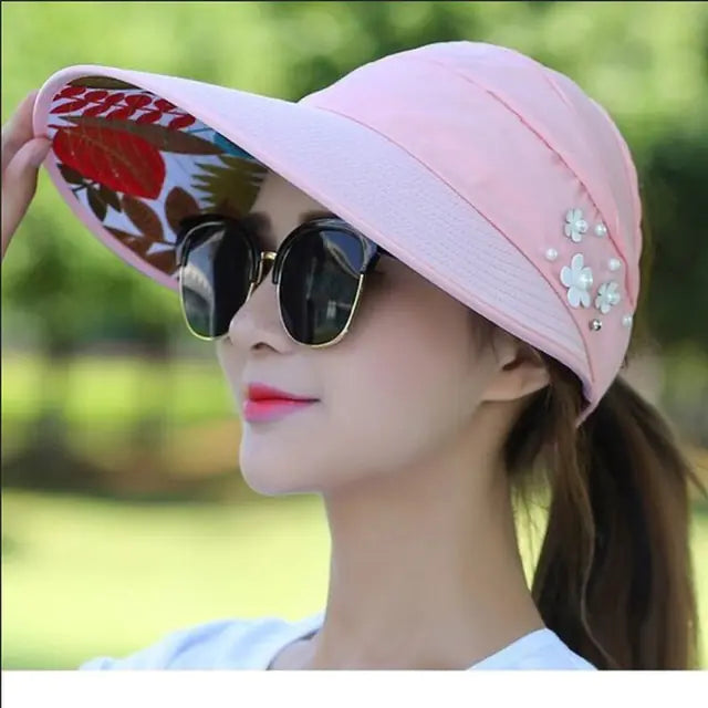 Summer Hats Foldable Sun Hat Pearl Flower Visor