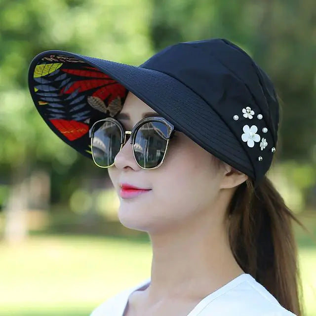 Summer Hats Foldable Sun Hat Pearl Flower Visor