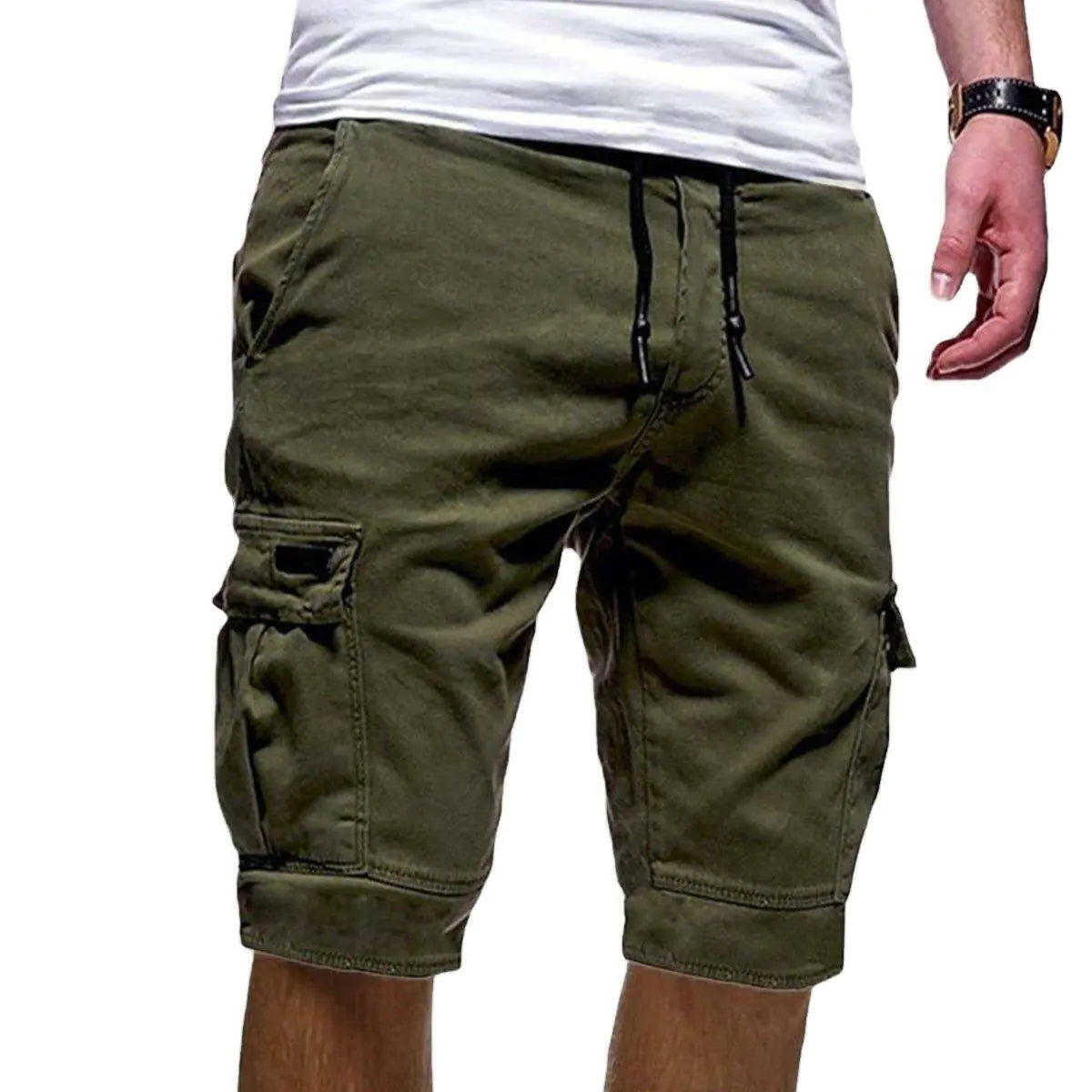 Men Casual Chino Cargo Shorts Elastic Waist Drawstring 6 Pockets Summer Trousers