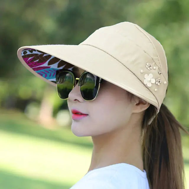 Summer Hats Foldable Sun Hat Pearl Flower Visor