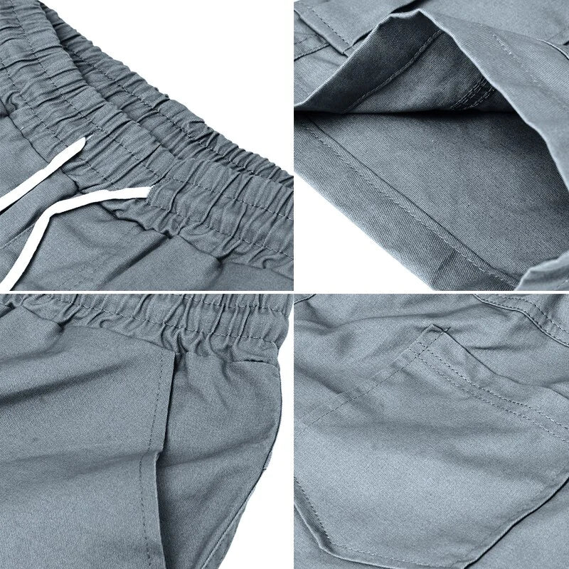 Men Casual Chino Cargo Shorts Elastic Waist Drawstring 6 Pockets Summer Trousers