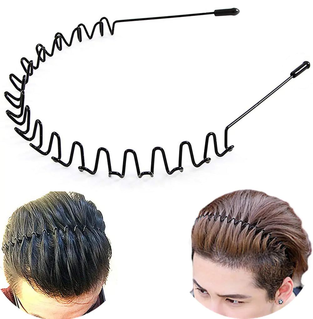 Metal Hair Band for Men Headband Women Hair Bands Men Unisex Black Wavy Spring Outdoor Sports Headbands for Men's Hair Band Hoop Elastic Non Slip Head Band