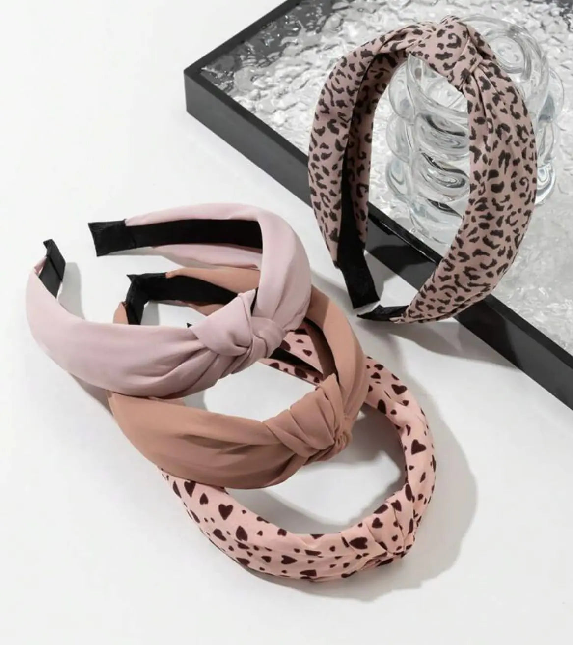 Knotted Fashion Hairbands for Women - Non-Slip Wide Hair Hoops, Cute Top Knot Headbands for Girls (Pink Heart Leopard Print) Pink Heart Leopard Head Band